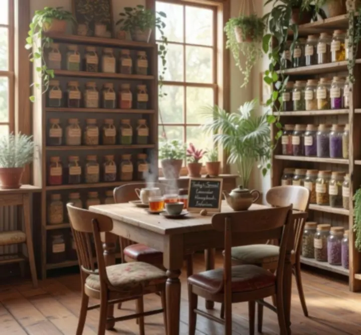 Ciepłe, przytulne wnętrze sklepu zielarskiego Sto herbat z drewnianymi półkami