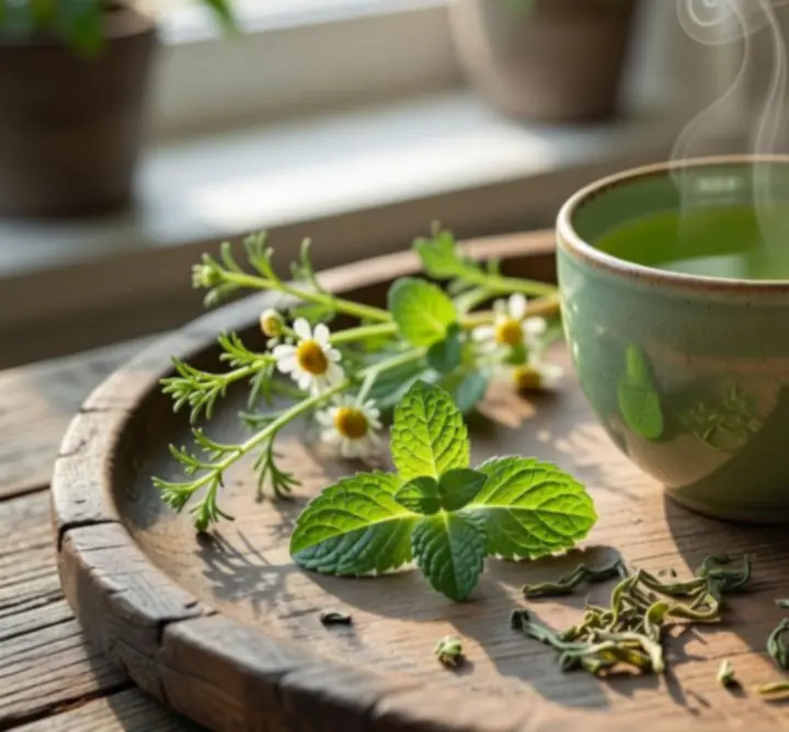 Filiżanka zielonej herbaty z parą unoszącą się nad naparem