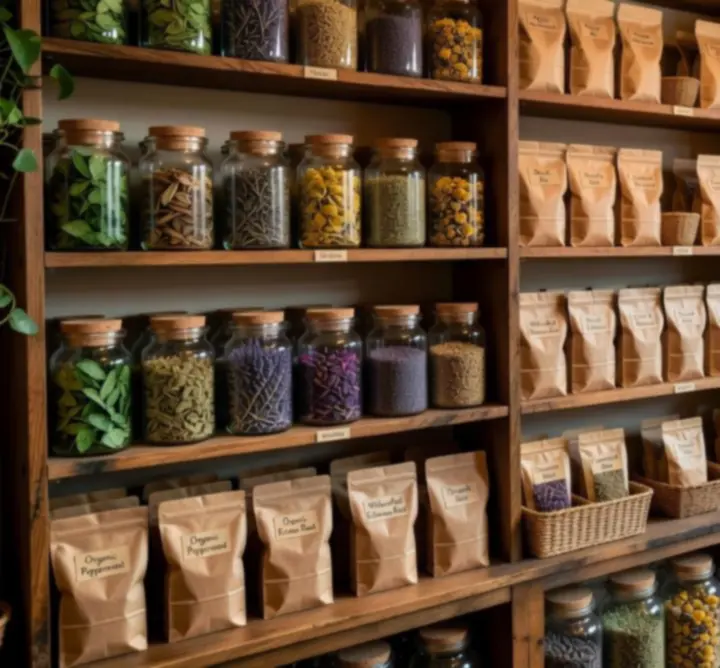 Półki w sklepie zielarskim wypełnione ziołami i naturalnymi produktami