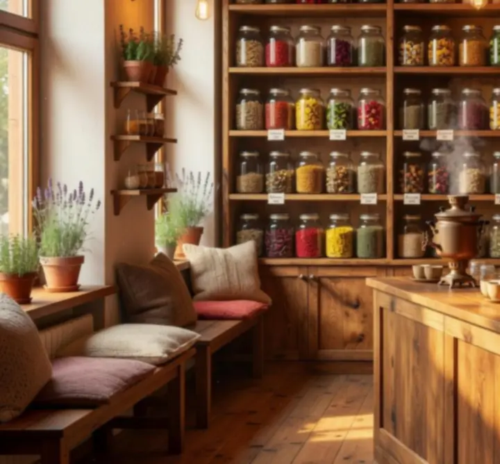 Ekspozycja herbat i produktów ziołowych w sklepie zielarskim