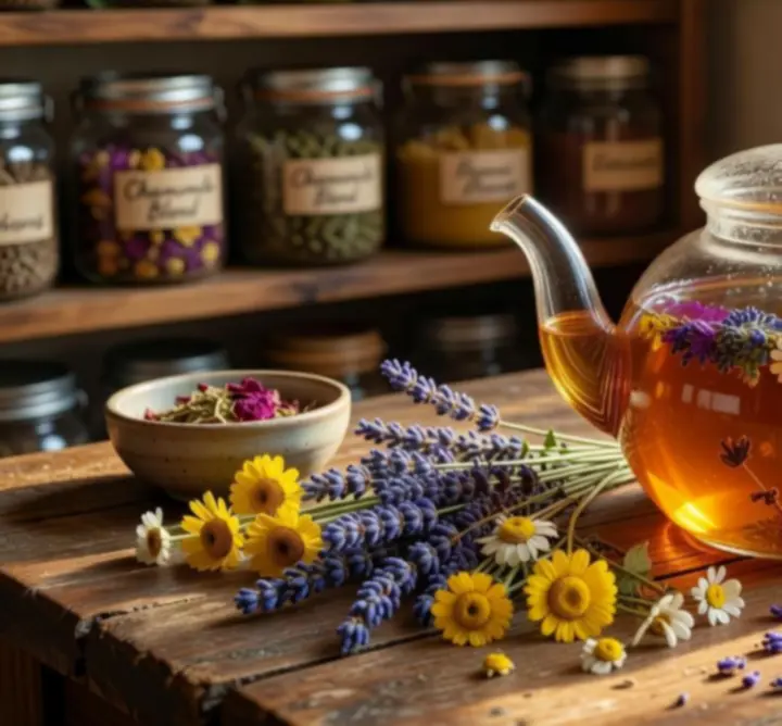 Szklanka naparu ziołowego w otoczeniu naturalnych składników