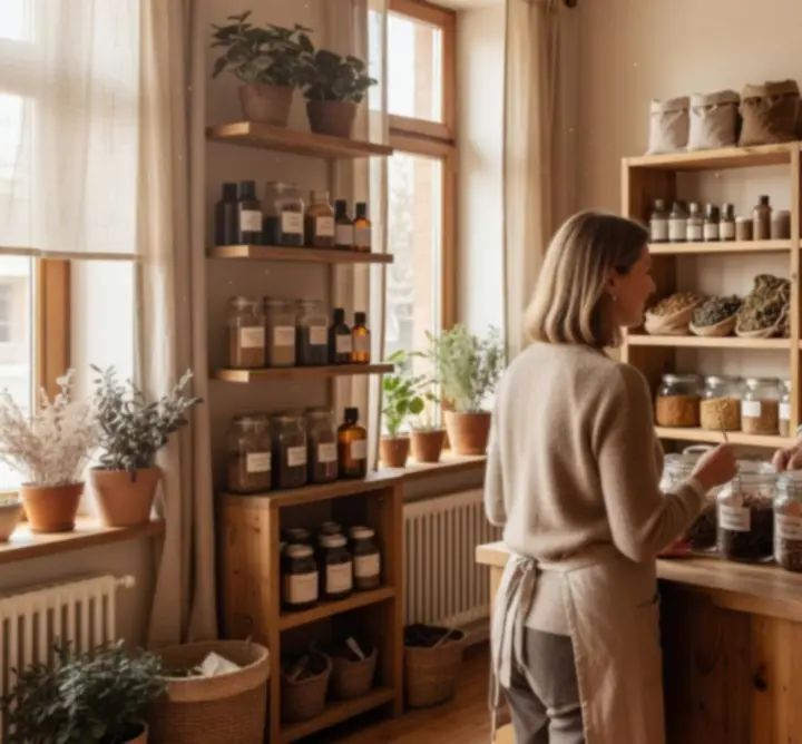 Wnętrze przytulnego sklepu zielarskiego z półkami pełnymi herbat i ziół