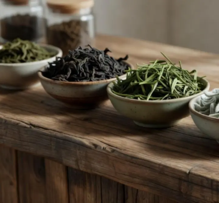 Suszone liściaste herbaty w szklanych słoikach i na drewnianej łyżce