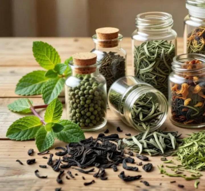 Herbaty w szklanych słoikach na półkach