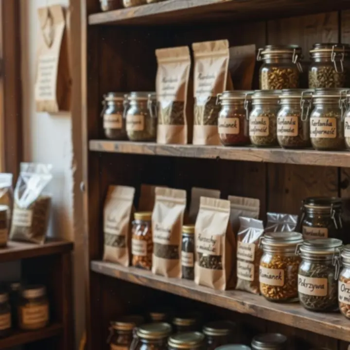 Półki w sklepie zielarskim z ułożonymi kategoriami produktów