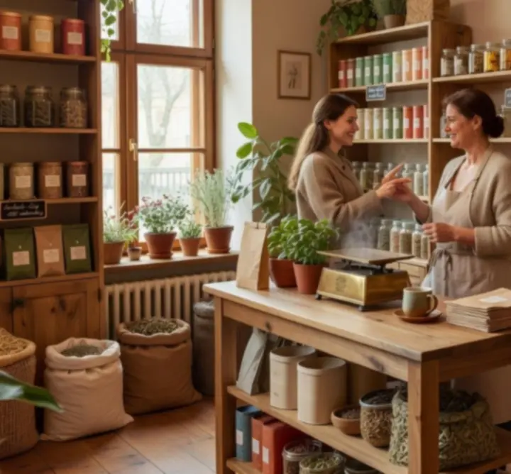 Drewniane półki z herbatami i ziołami w przytulnym sklepie zielarskim