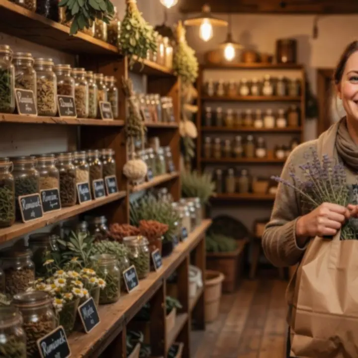 Uśmiechnięta klientka w sklepie zielarskim