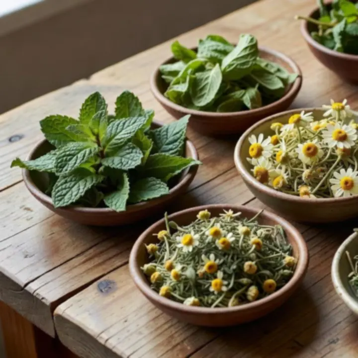 Różne suszone zioła w szklanych słoikach i pojemnikach