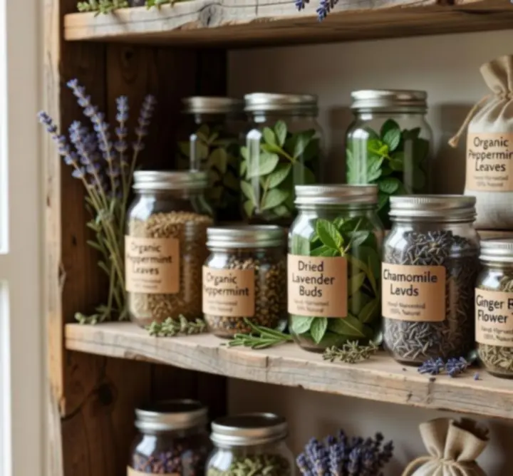 Produkty zielarskie na półkach sklepu