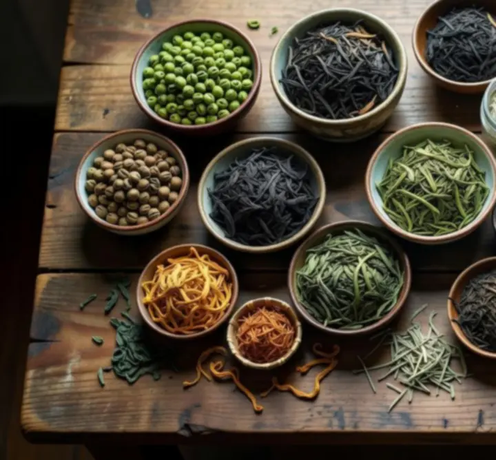 Kompozycja liści herbaty na jasnym tle