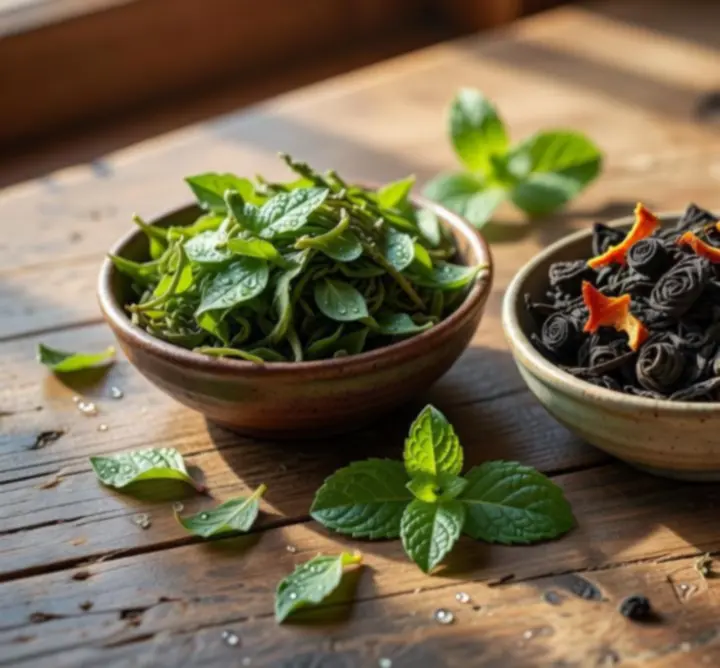 Zbliżenie na liście herbaty i mieszanki w szklanych pojemnikach